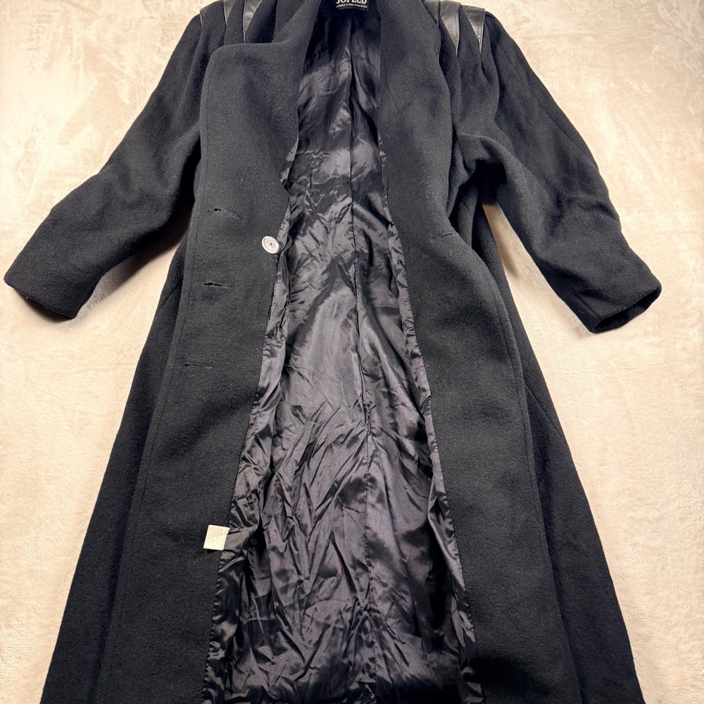 Vintage Jofeld Black Wool Blend Long Coat Leather Shoulder Detail USA Size S - Picture 3 of 12